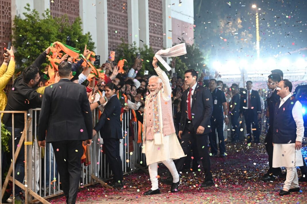 PM Modi Waves Victory Gamcha at BJP HQ as NDA Clinches Bihar
